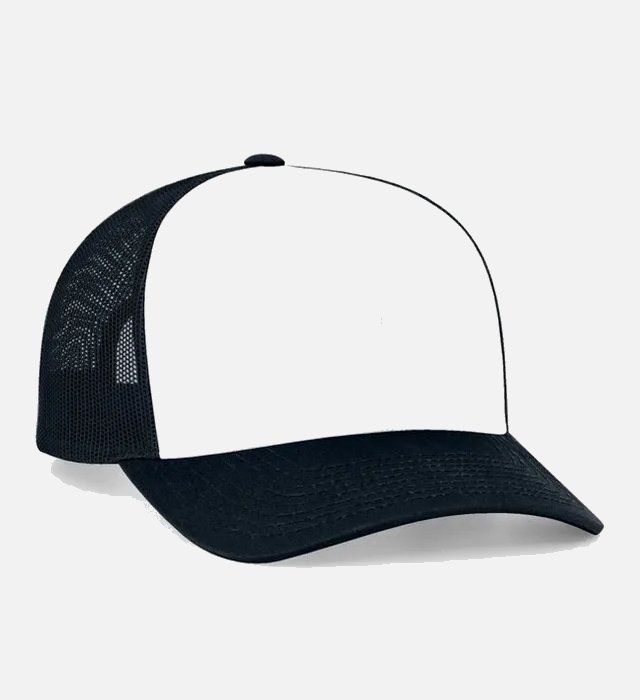 Black and white trucker hat. White front panel, black mesh back and brim.
