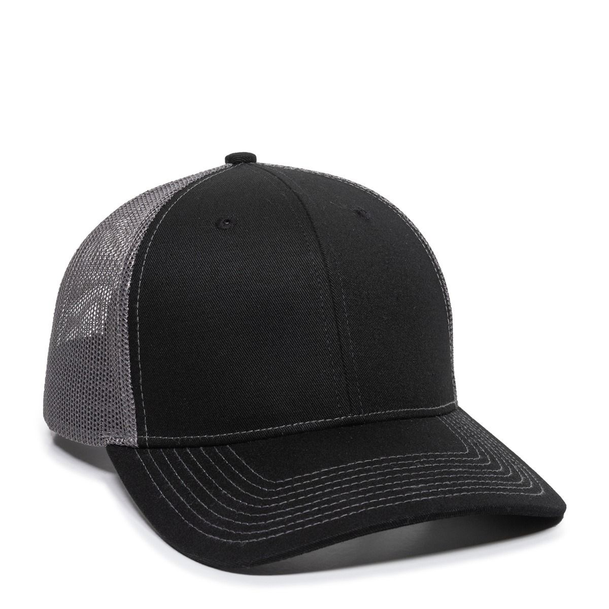 Black and gray mesh-back baseball cap with a curved bill.