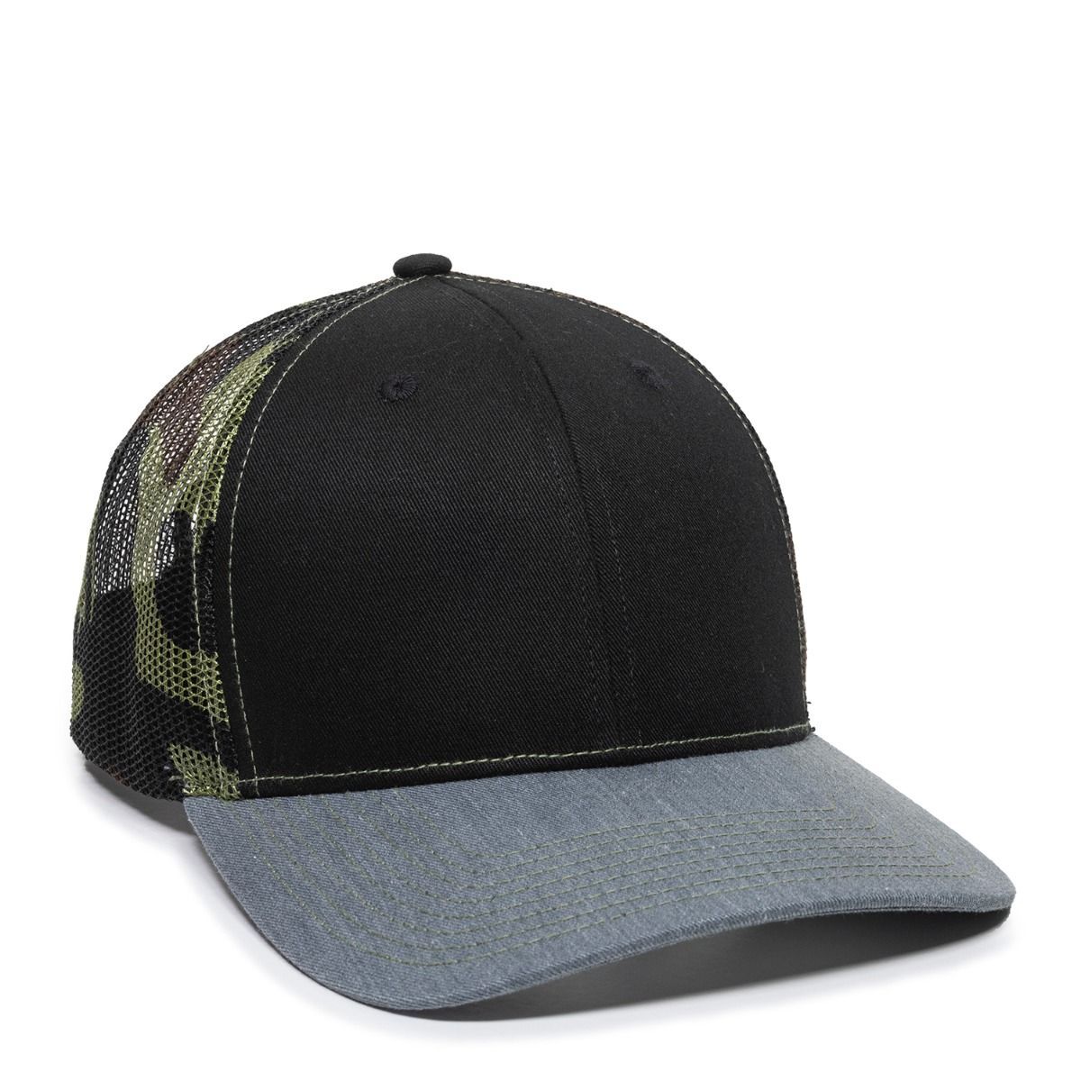 Black cap with gray brim and camo mesh back.