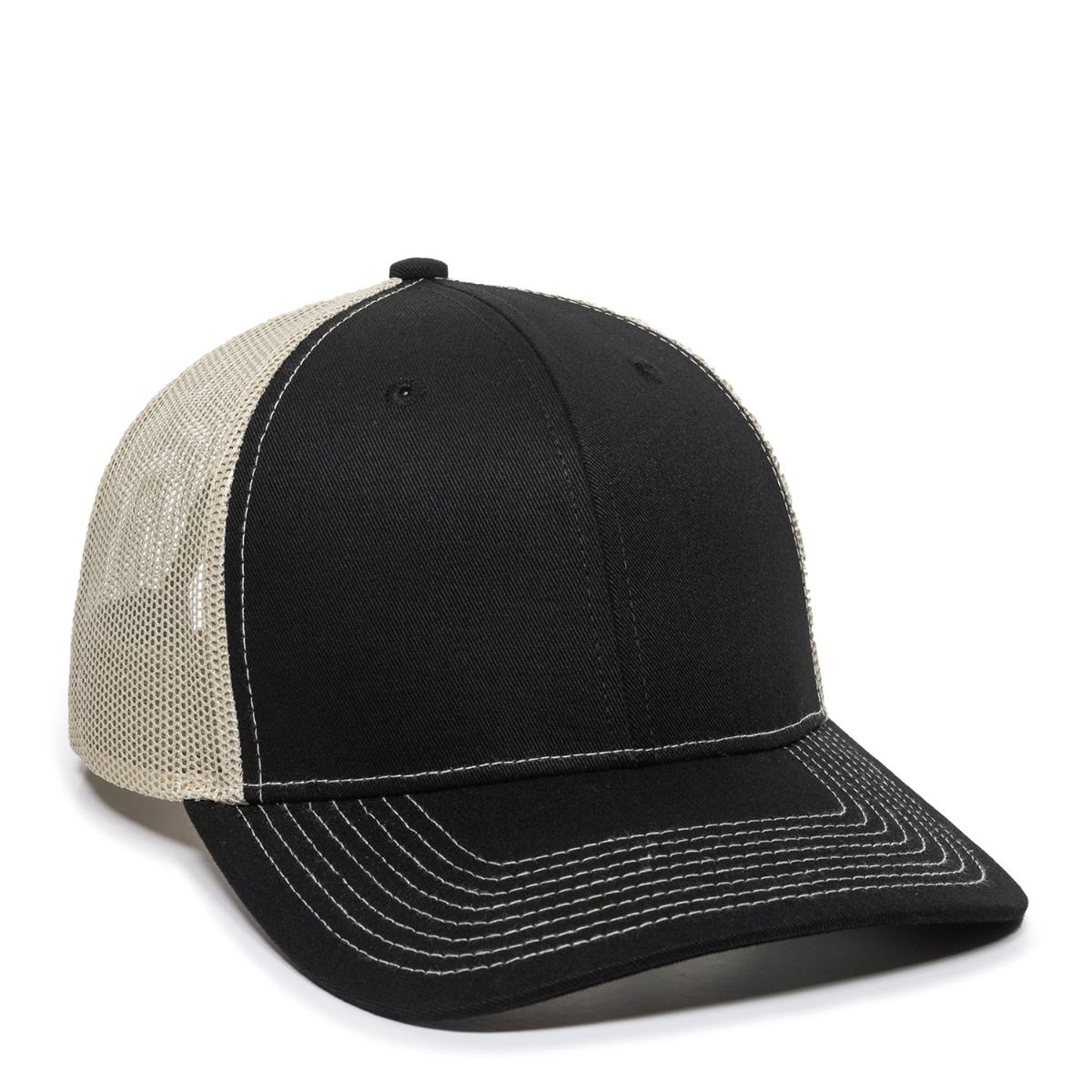 Black and tan mesh-back baseball cap with contrasting stitching.