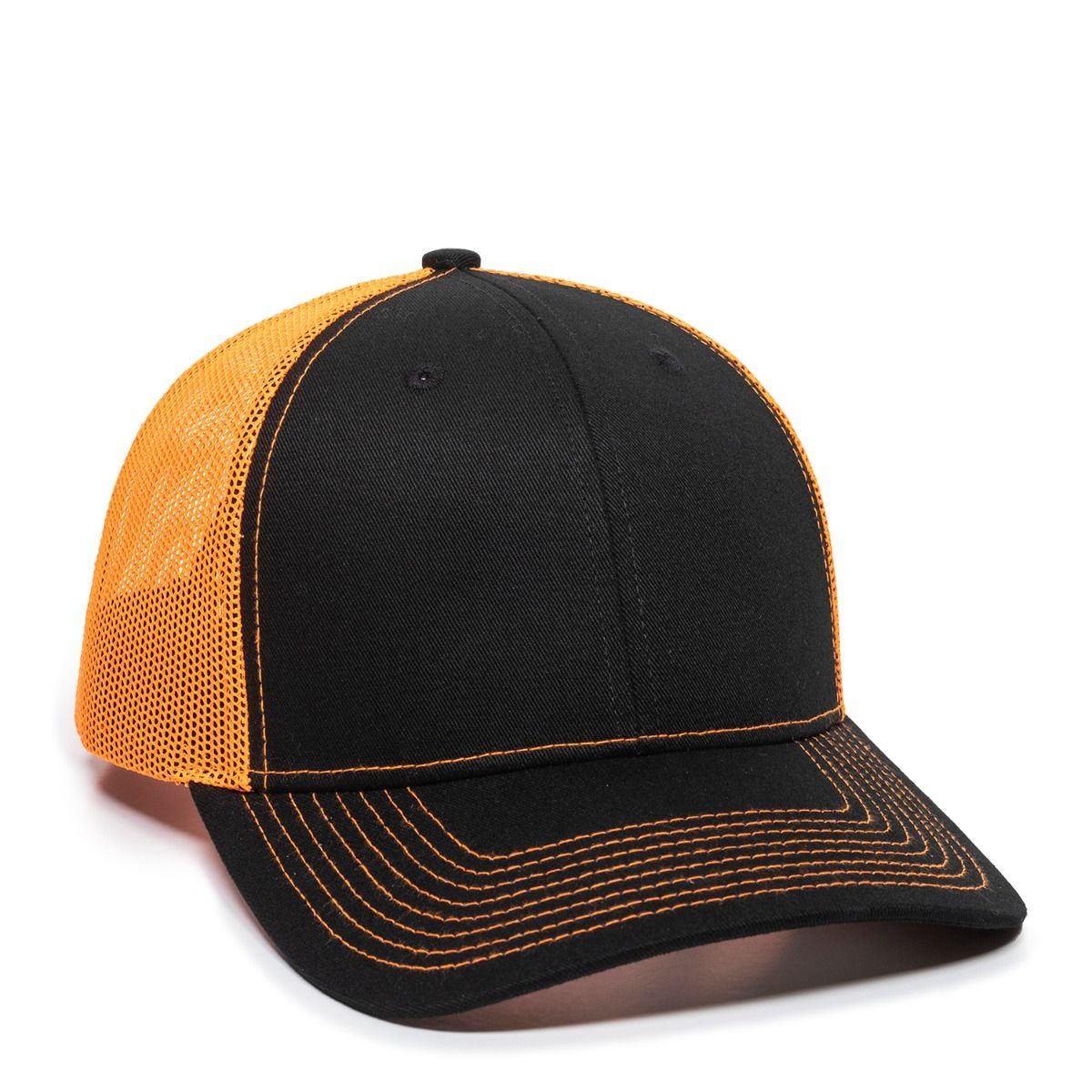 Black and orange trucker hat with a mesh back and a curved brim.