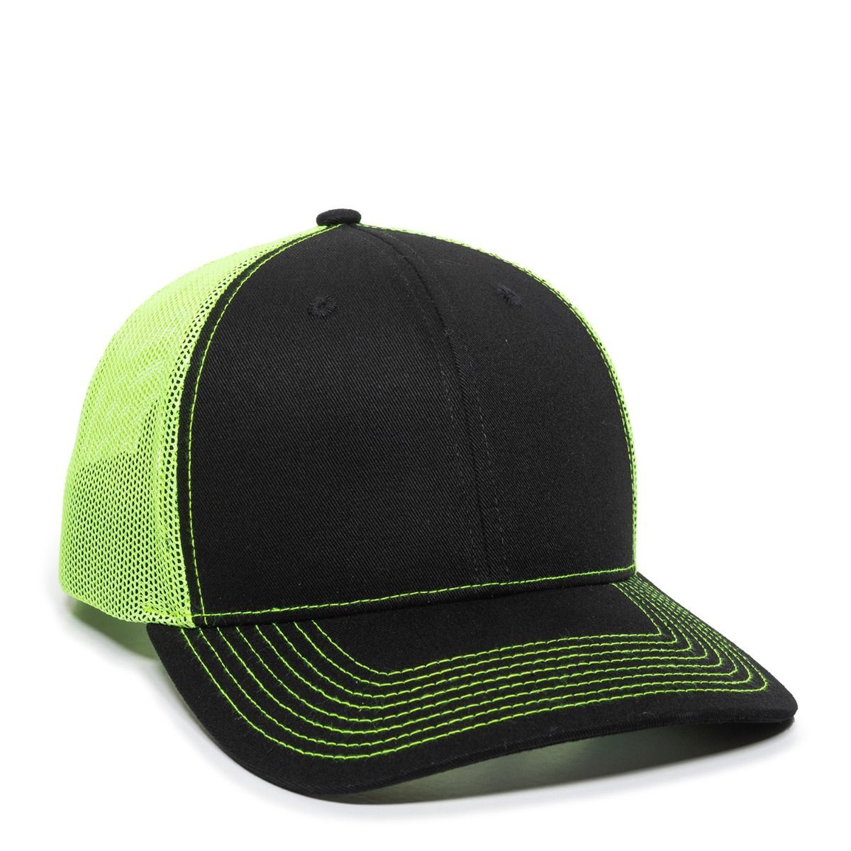 Black and neon green trucker hat with a mesh back and brim stitching.