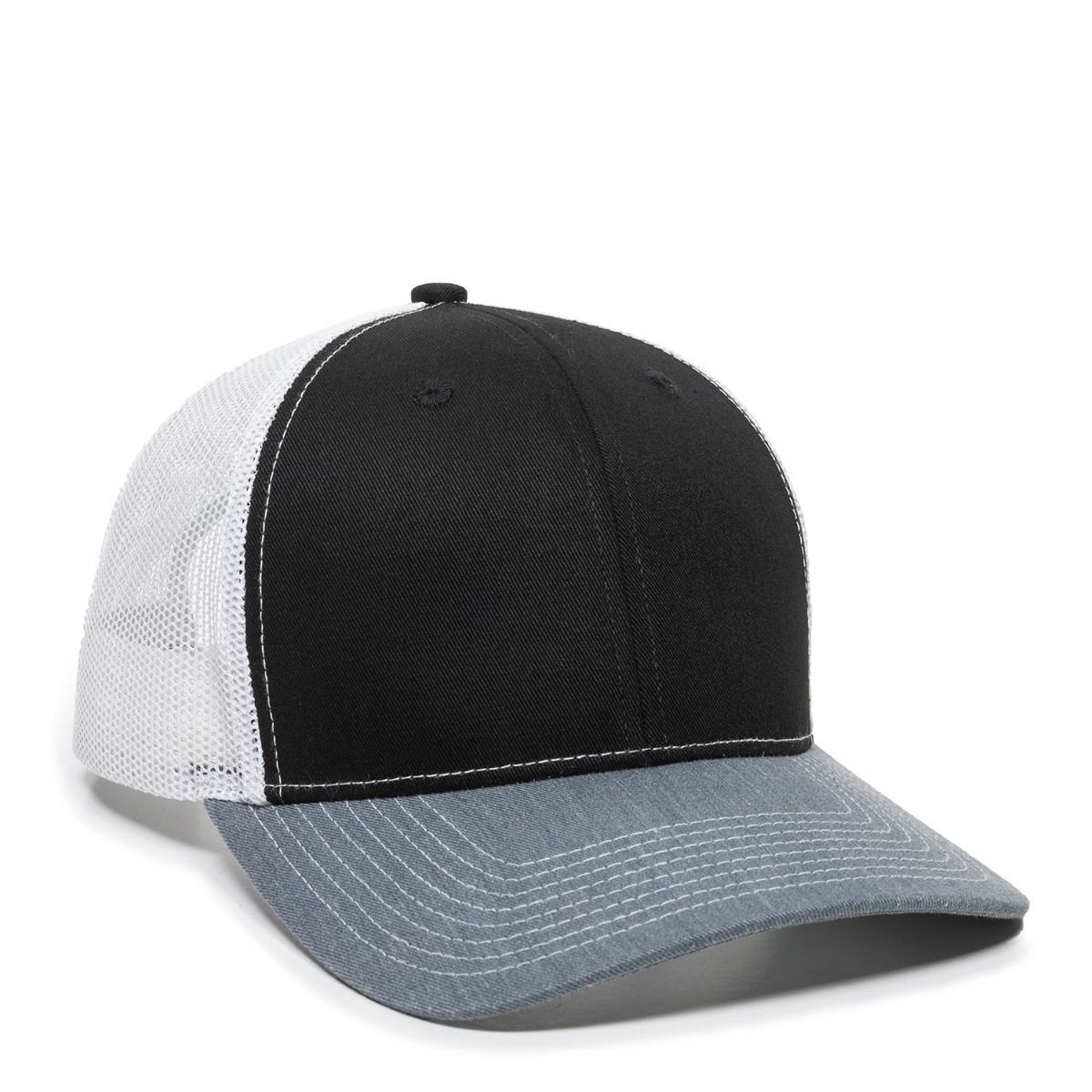 Black, grey, and white trucker hat.
