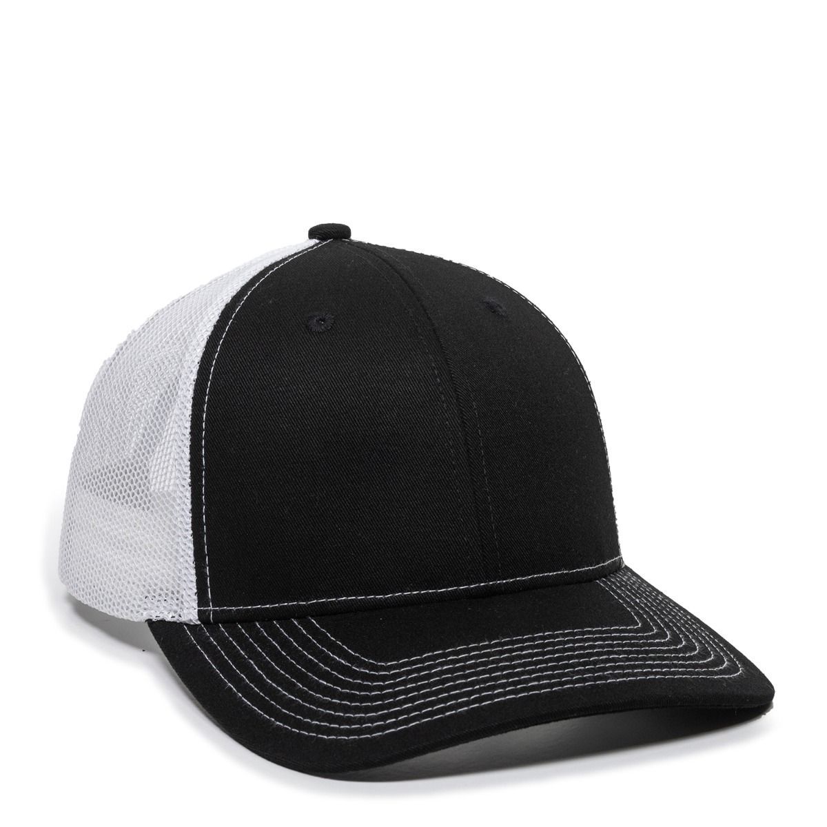 Black and white trucker hat with mesh back and curved brim.