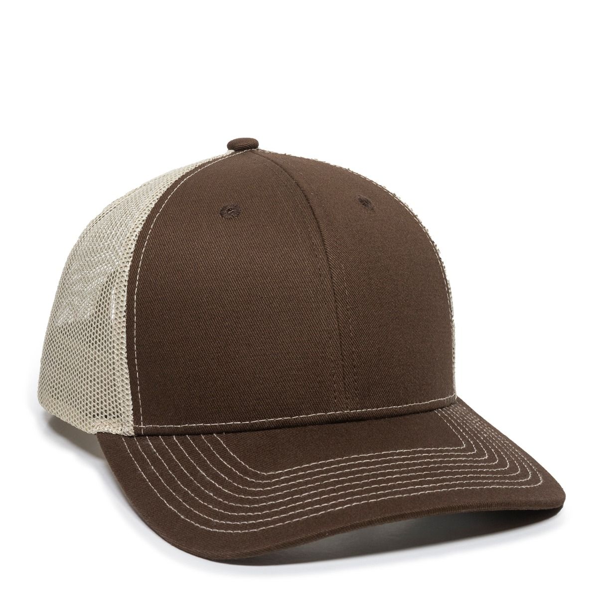 Brown and tan trucker hat with mesh back and curved brim.