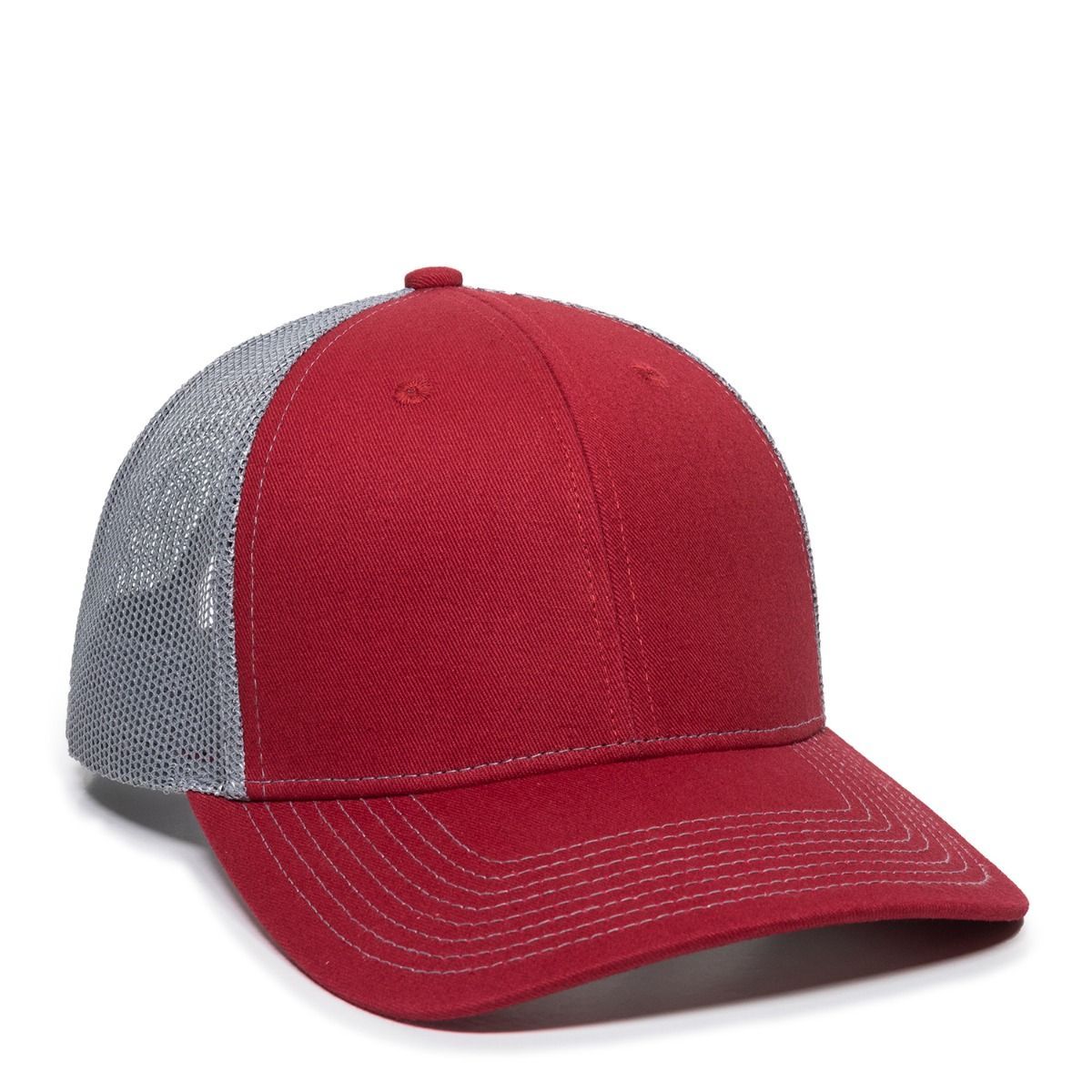 Red and gray trucker hat, angled, against a white background.