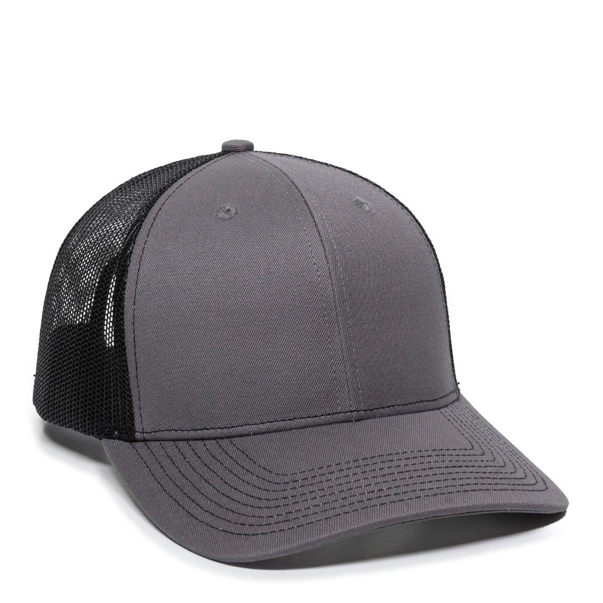 Gray trucker hat with a black mesh back.