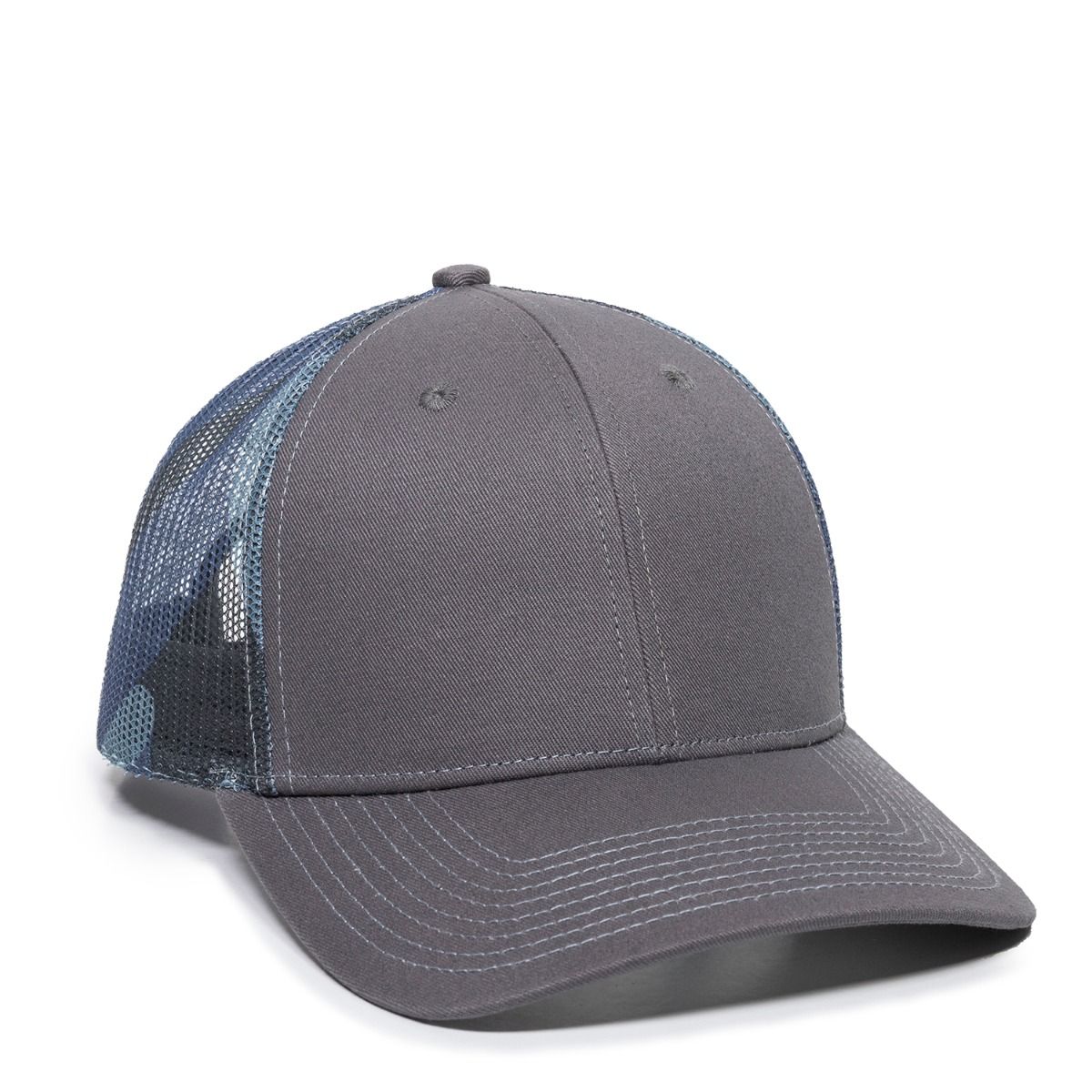 Gray and camouflage trucker hat.