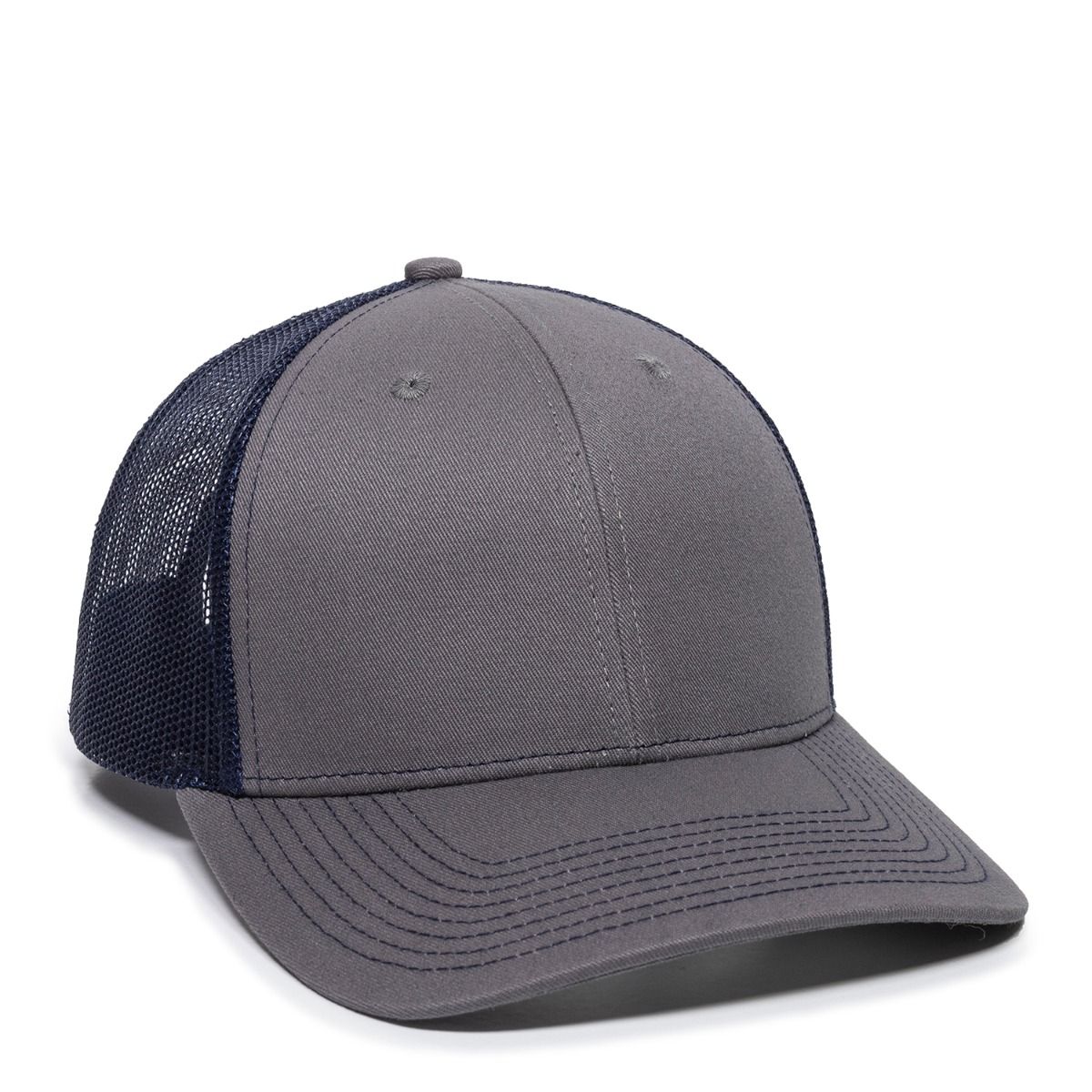 Gray and navy blue trucker hat.