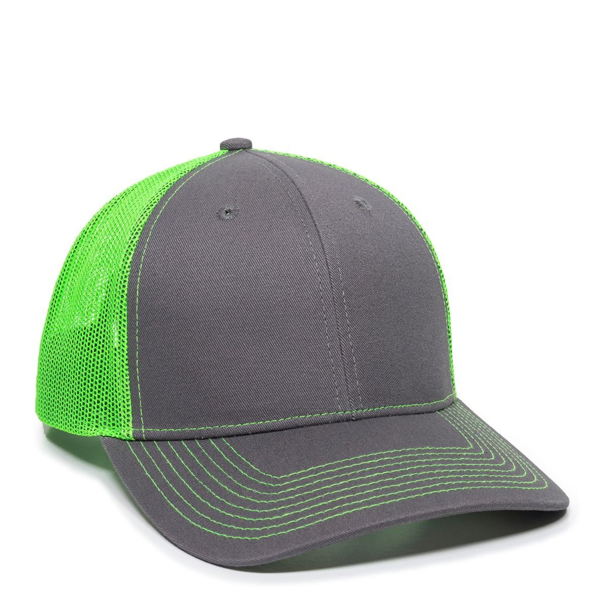 Gray baseball cap with bright green mesh back and stitching.