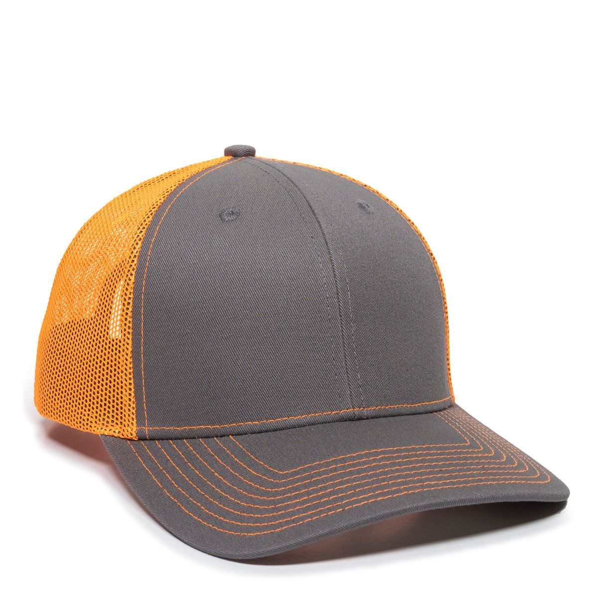 Gray and orange trucker hat.