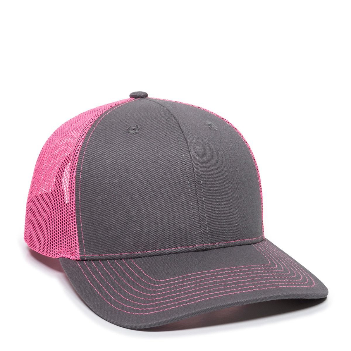 Gray baseball cap with pink mesh back and brim stitching.
