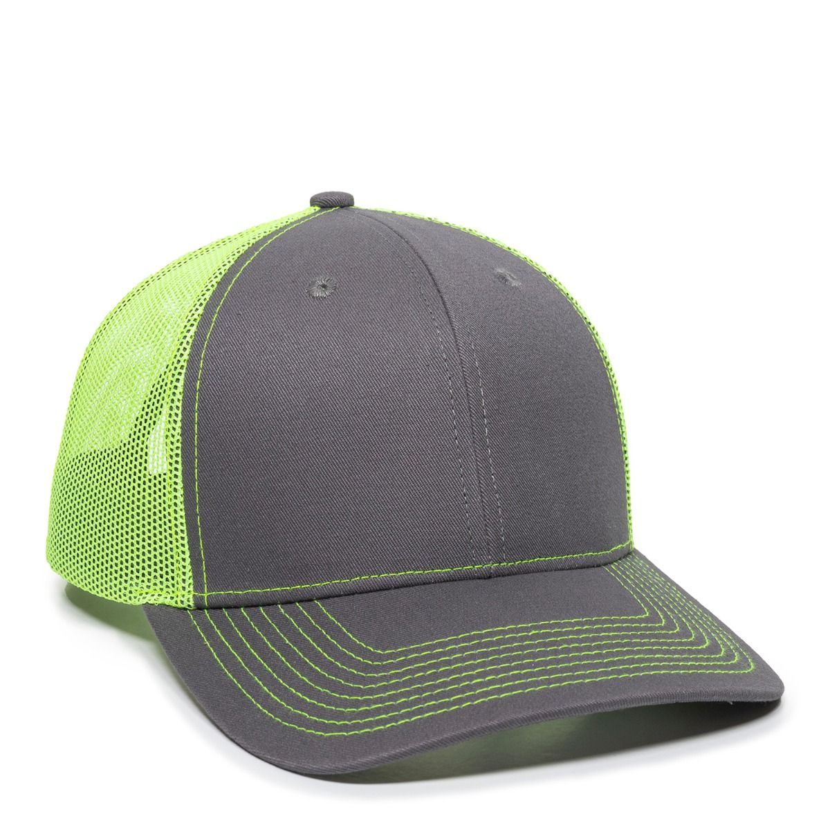 Gray and neon green mesh-back baseball cap.