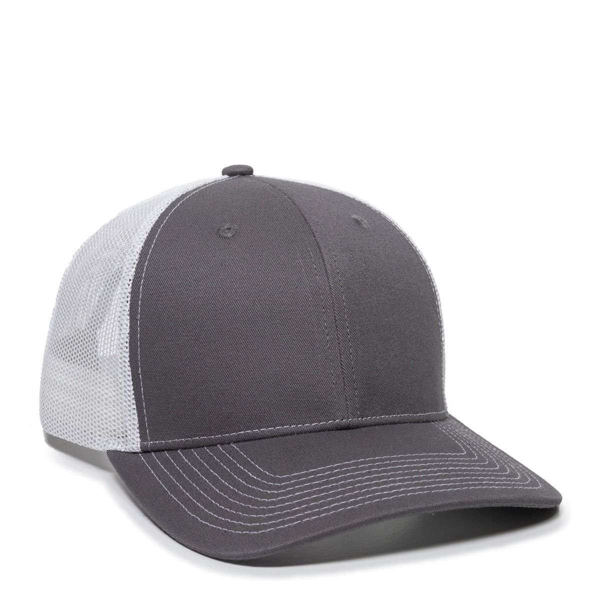 Gray and white trucker hat with a curved brim.