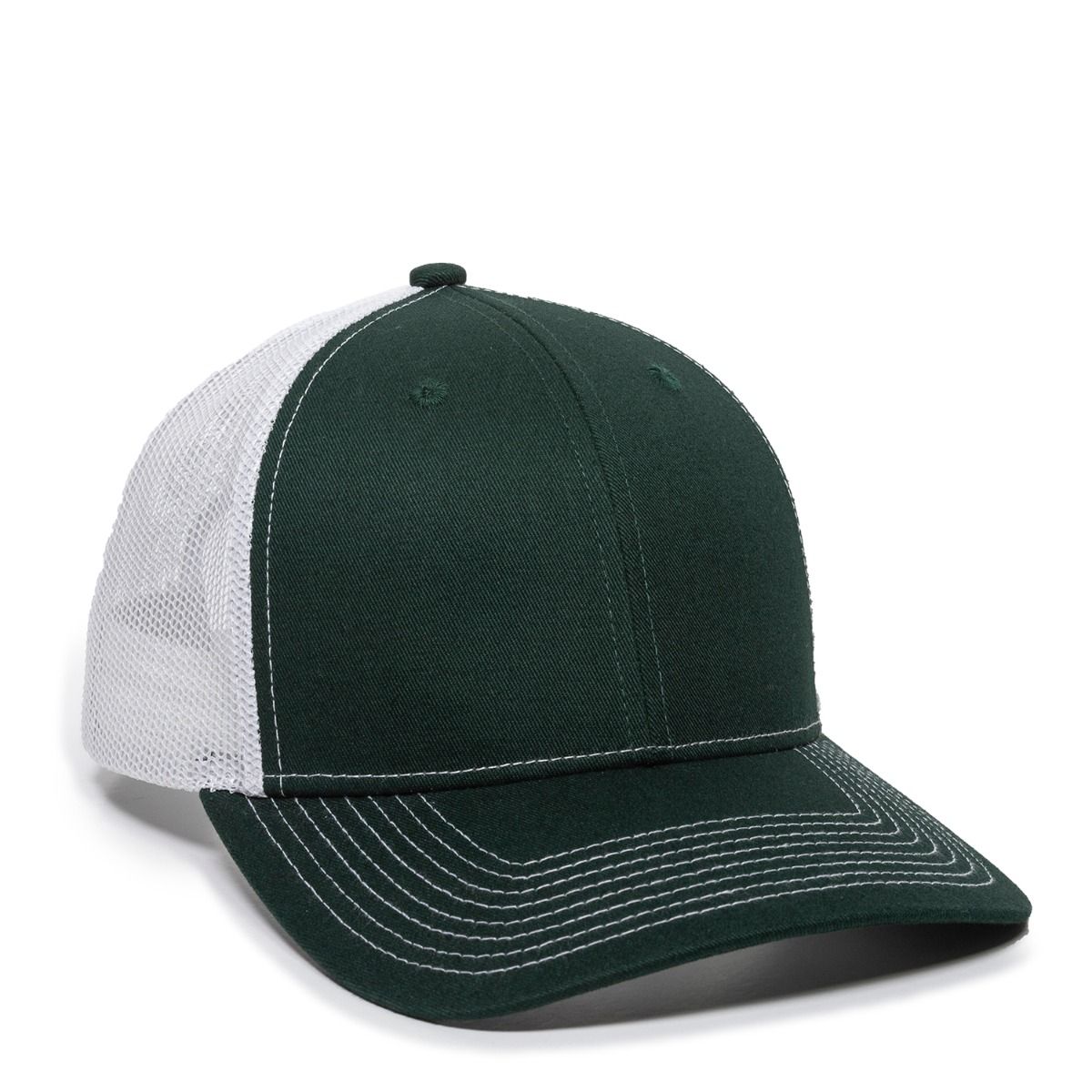 Green and white baseball cap with mesh back and curved brim.