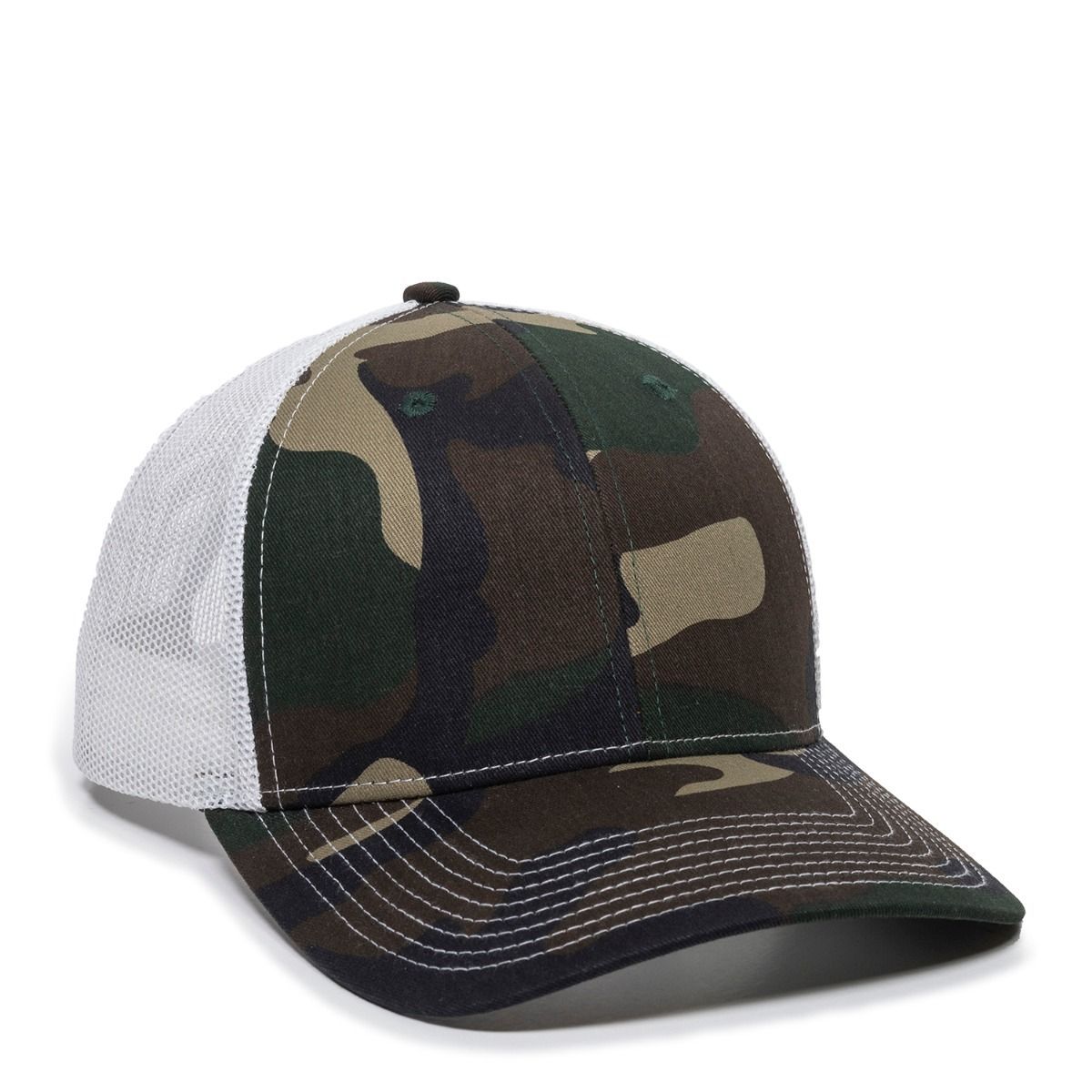 Camouflage trucker hat with white mesh back.