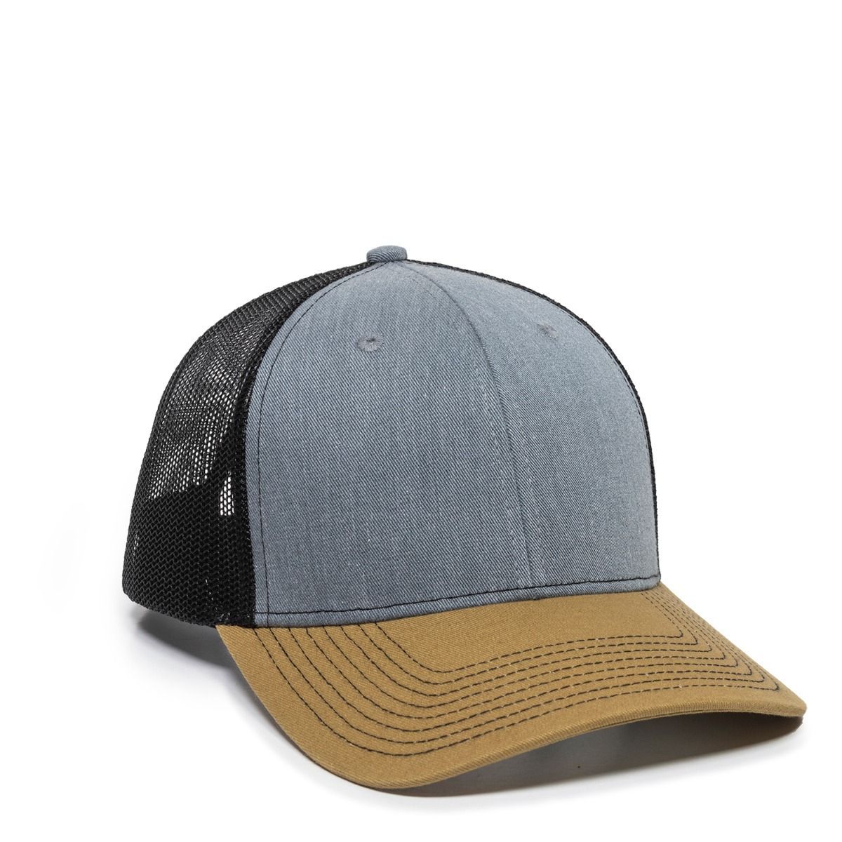 Grey and brown trucker hat with black mesh backing.