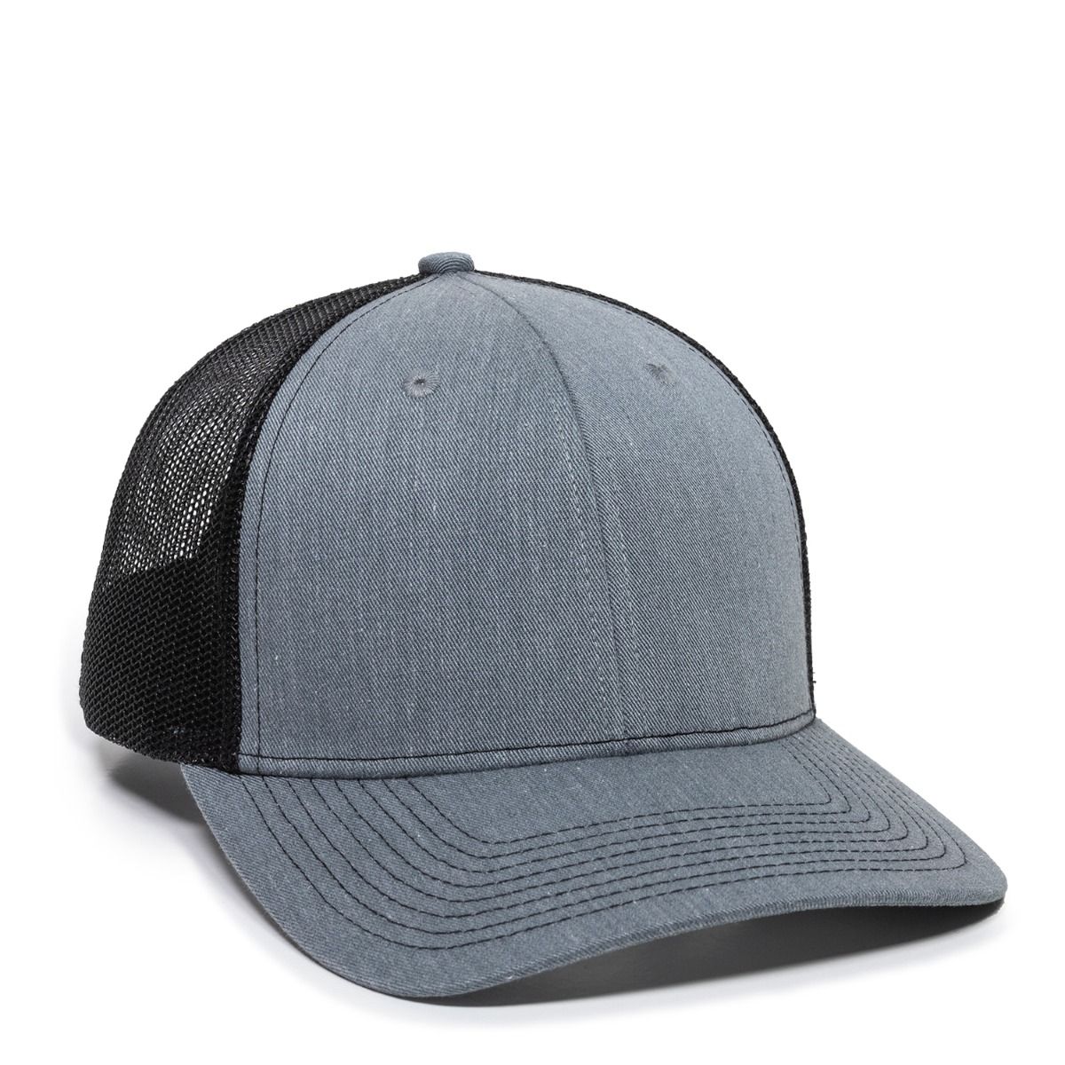Grey and black trucker hat with mesh backing.