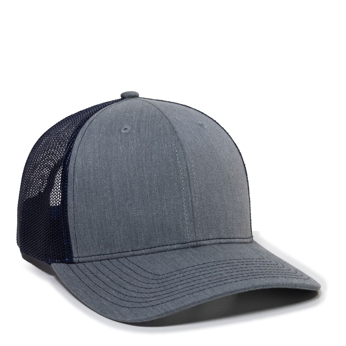 Gray and navy blue trucker hat.