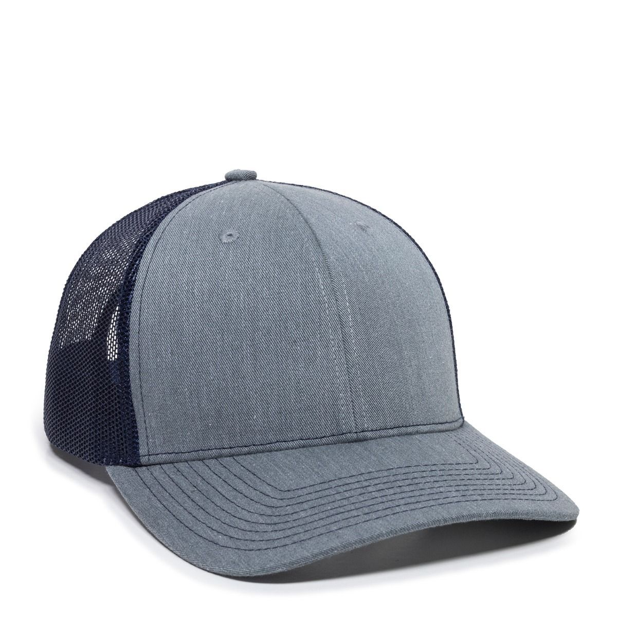 Blue and gray trucker hat with a curved brim.