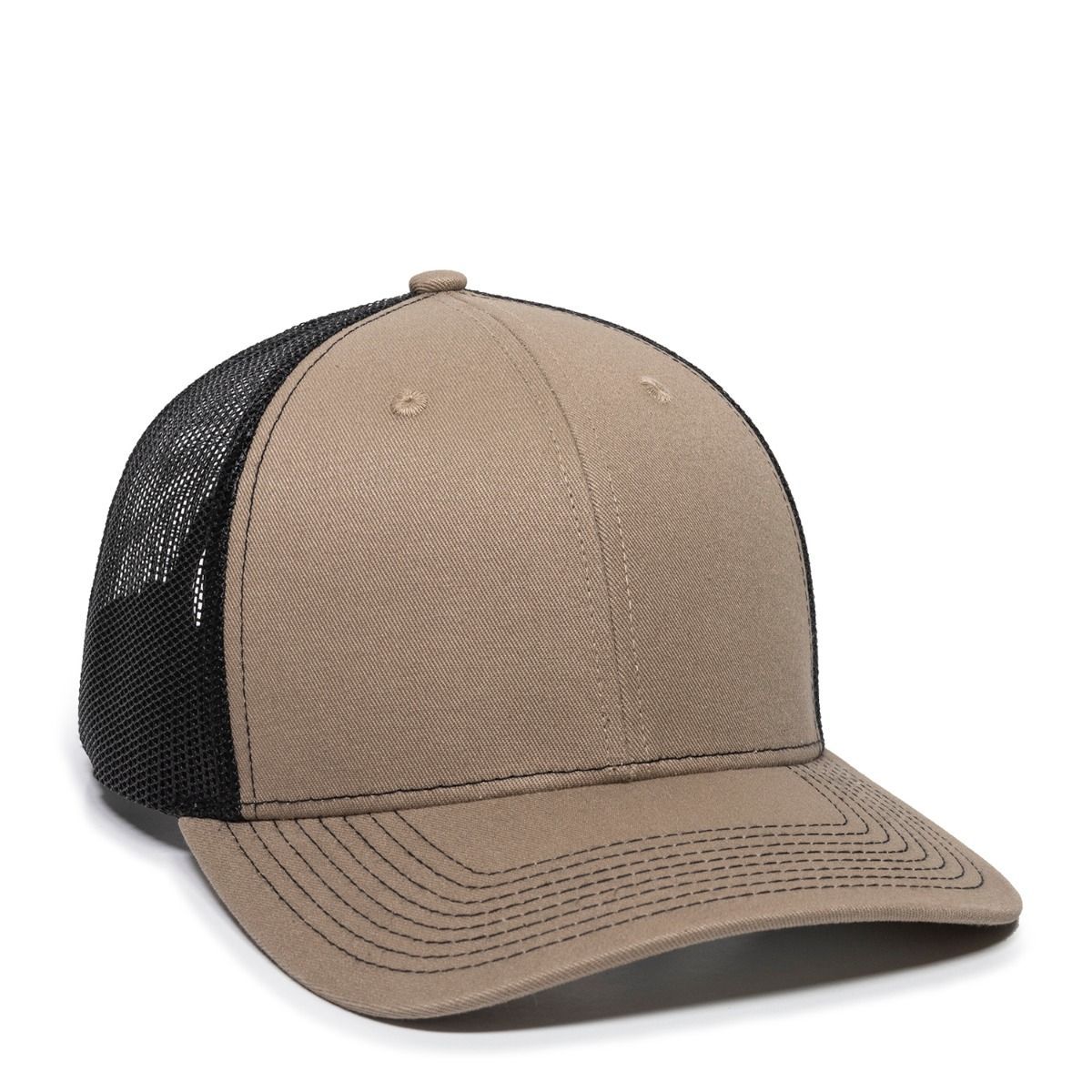 Tan and black trucker hat with a curved brim.