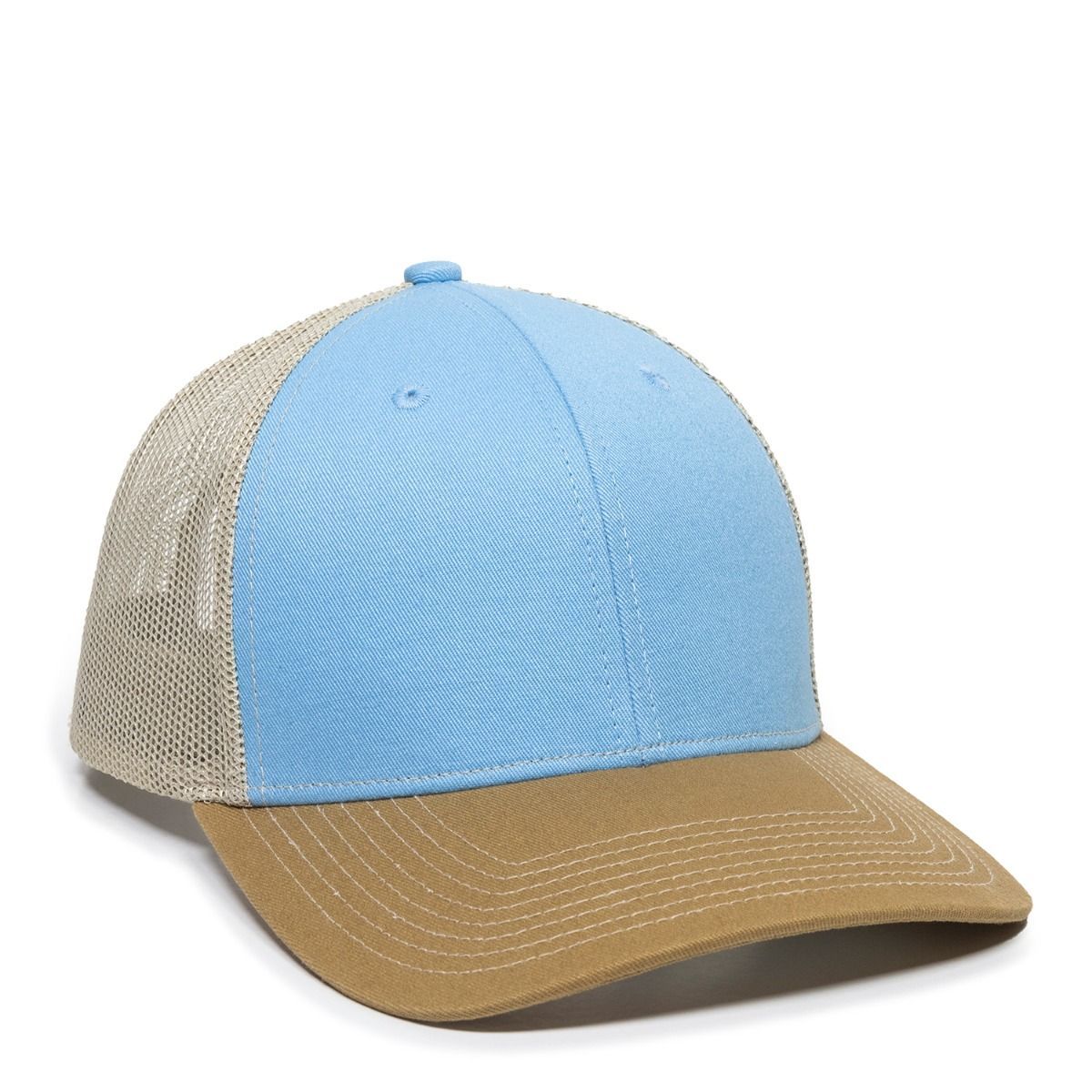 Blue and tan trucker hat with mesh back and curved brim.