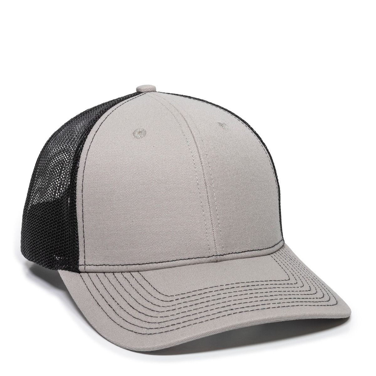 Gray and black mesh-backed baseball cap.