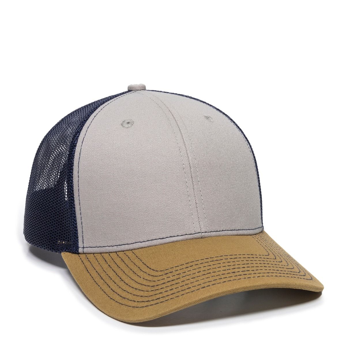 Tan and navy blue trucker hat.