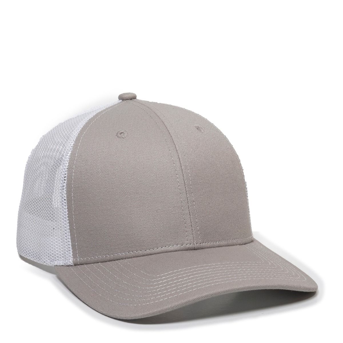 Gray baseball cap with white mesh backing.