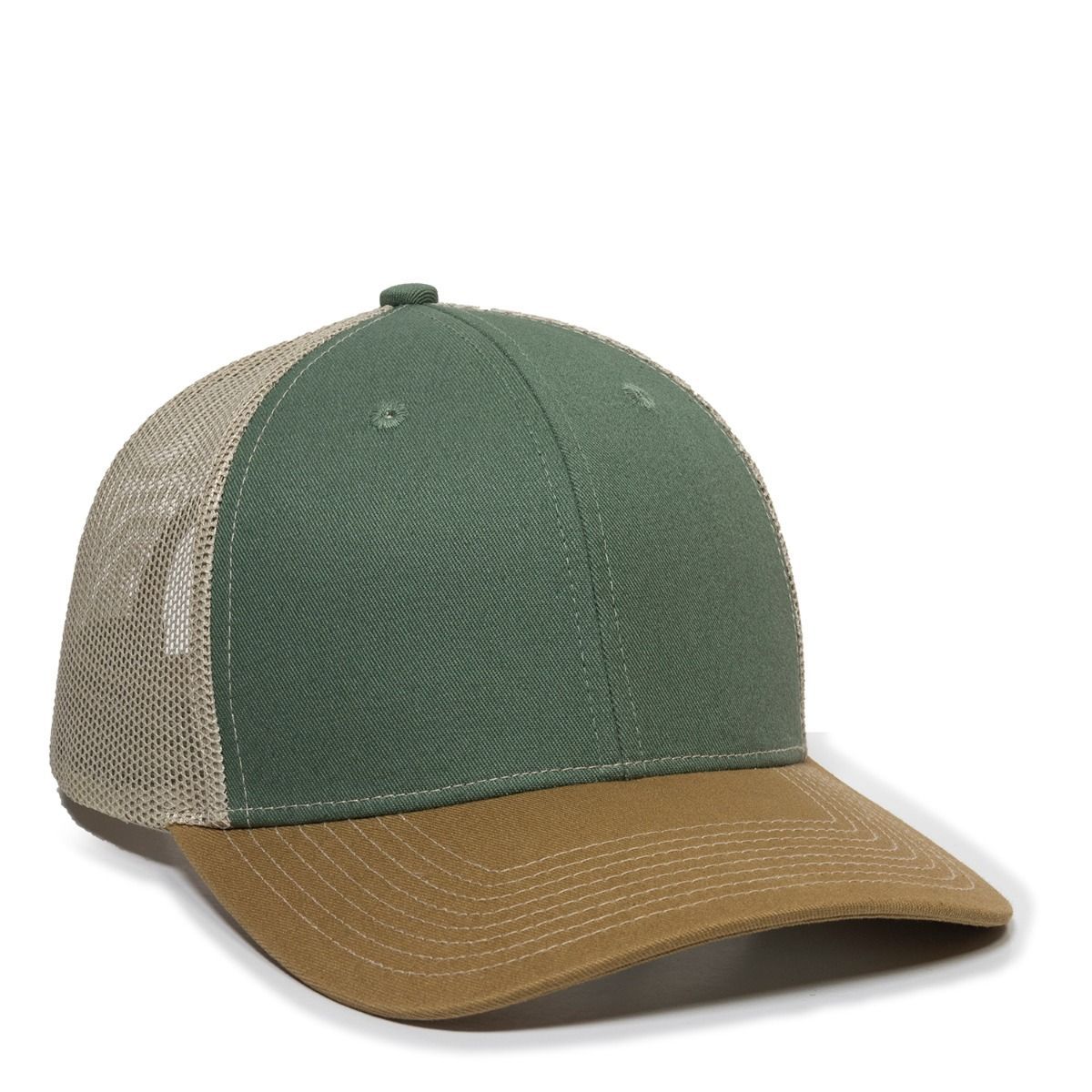 Green, tan, and brown baseball cap with a mesh back.