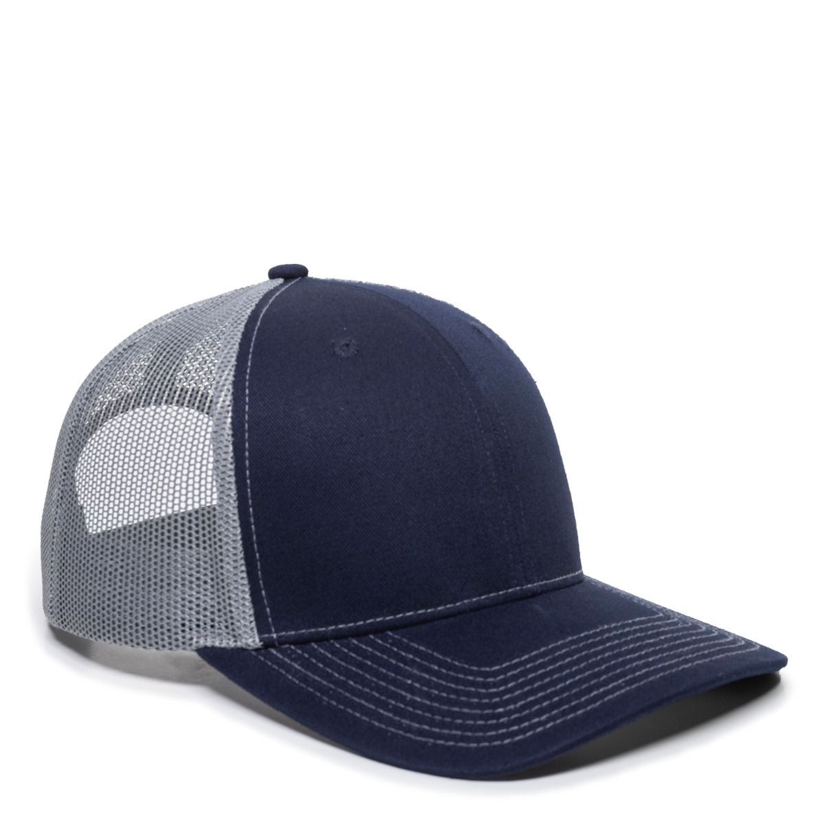 Navy and gray trucker hat with a curved brim.