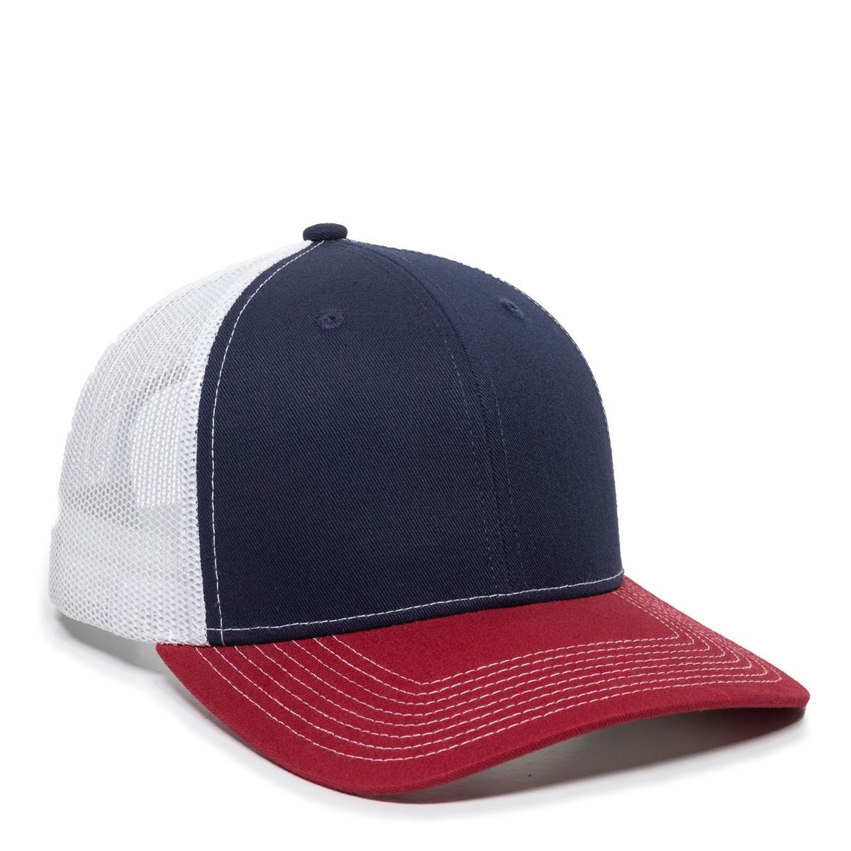 Navy, white, and red baseball cap with mesh back.