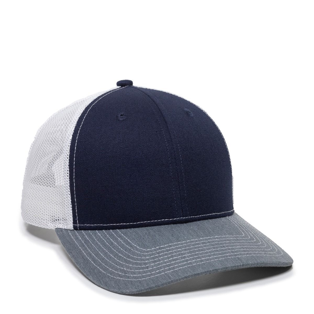 Navy, white, and grey trucker hat.