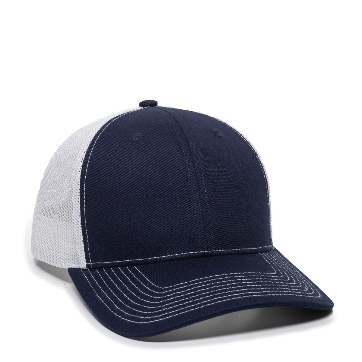 Navy blue and white trucker hat.