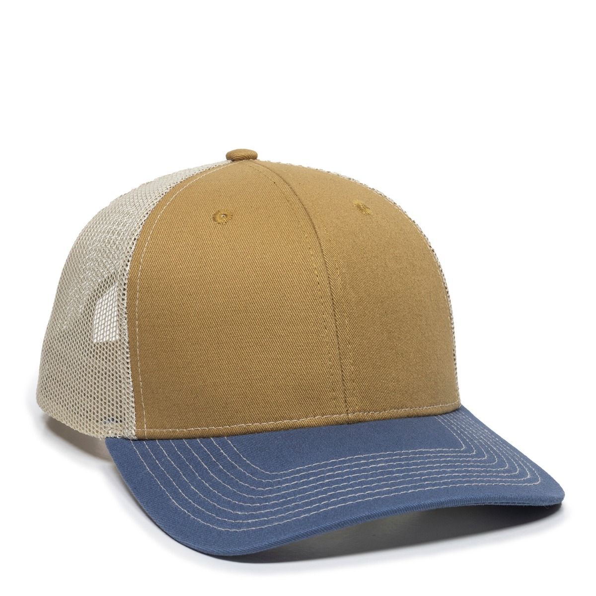 Tan and blue baseball cap with mesh back.
