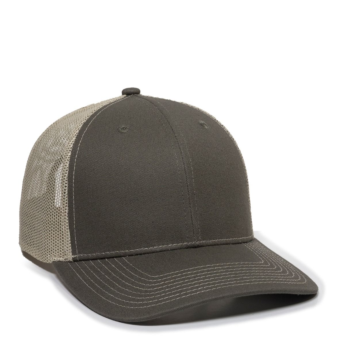 Dark gray and tan trucker hat.