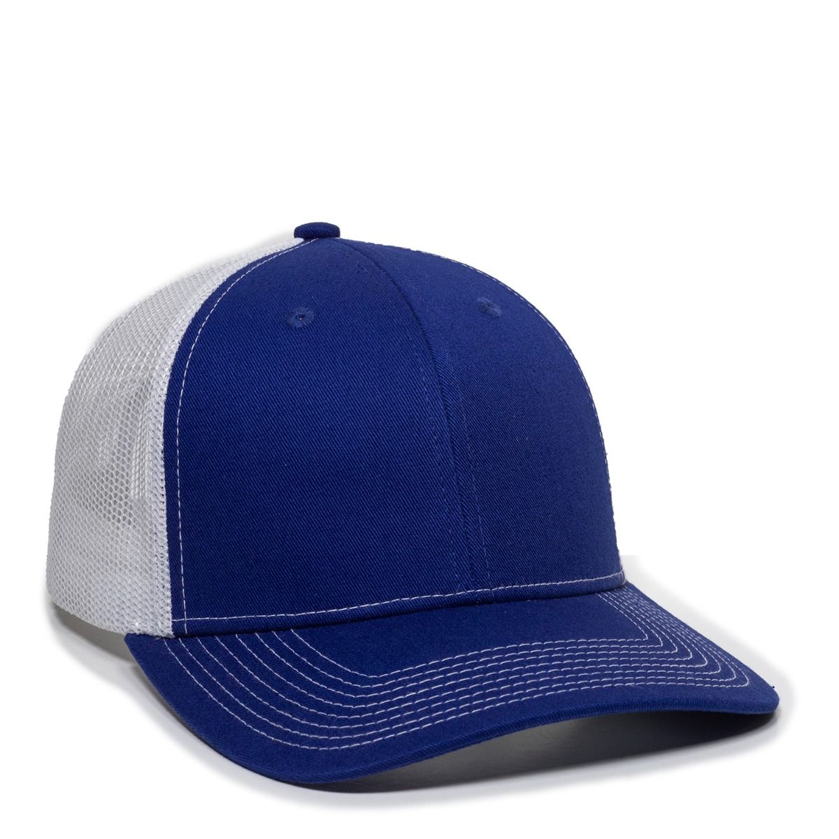 Blue and white trucker hat.