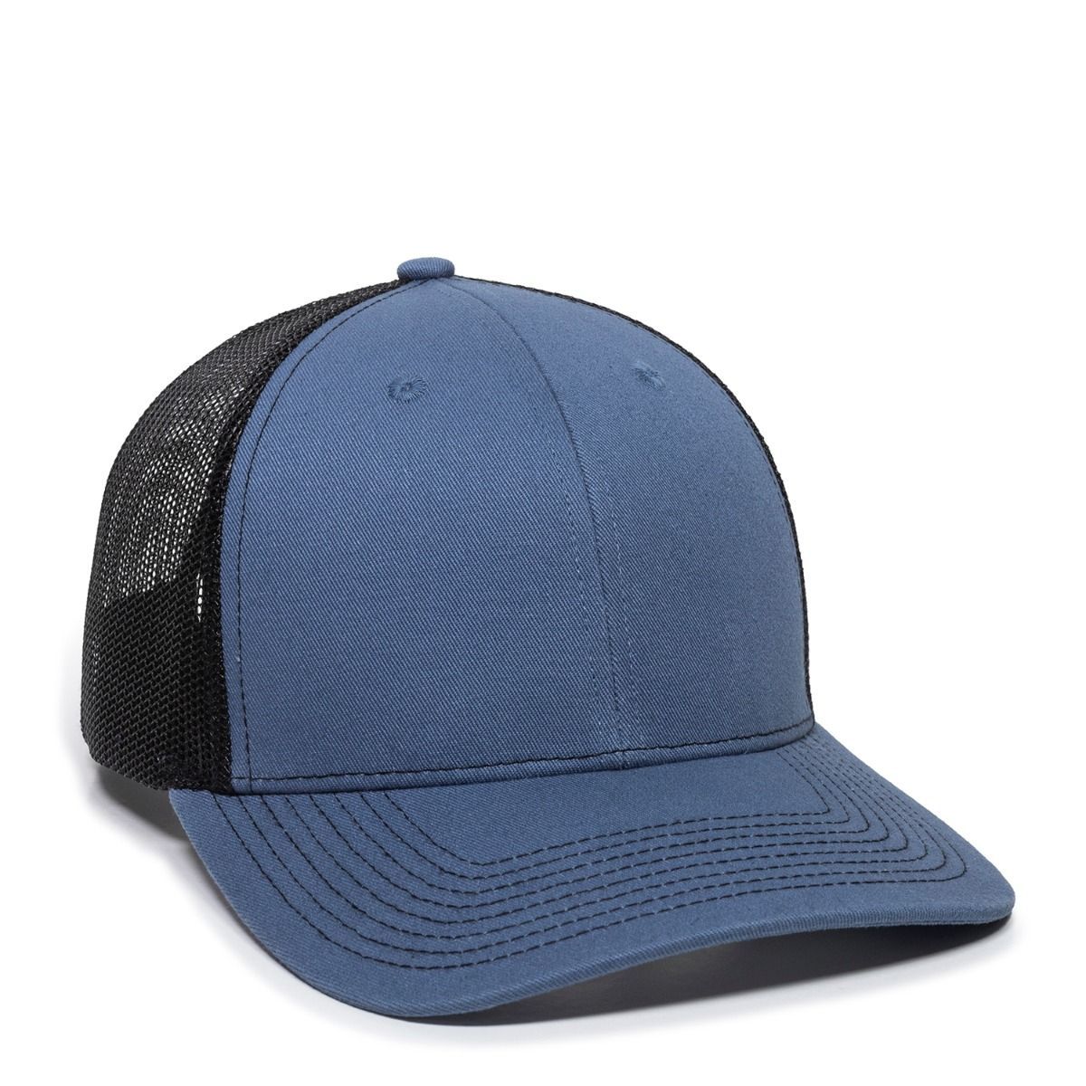 Blue baseball cap with black mesh back.