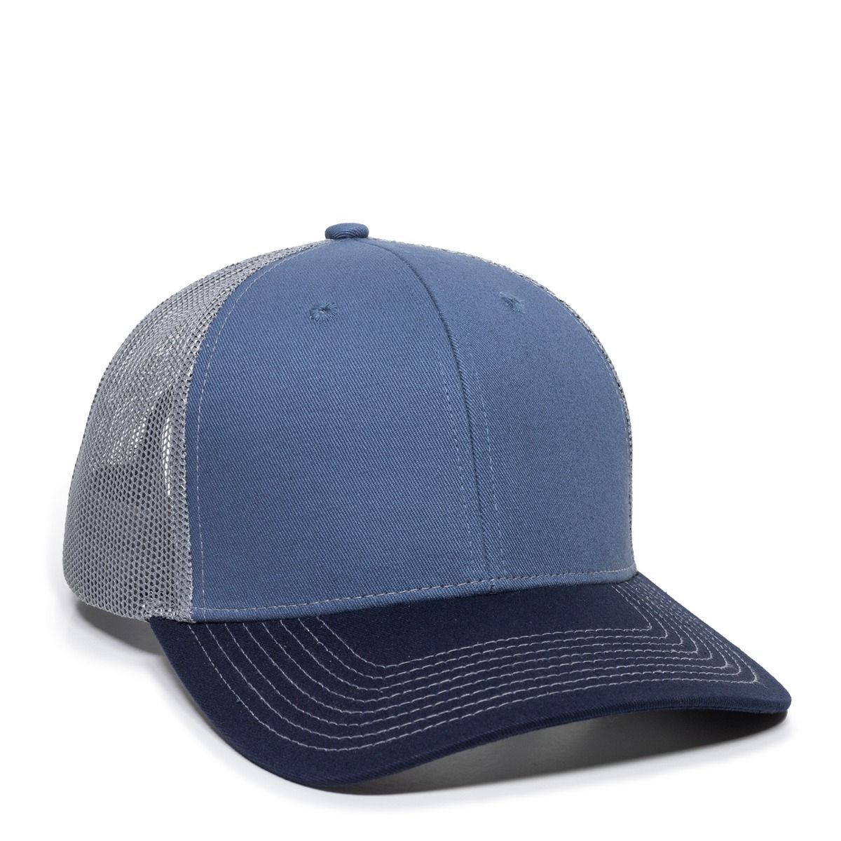 Blue and navy trucker hat with grey mesh back.