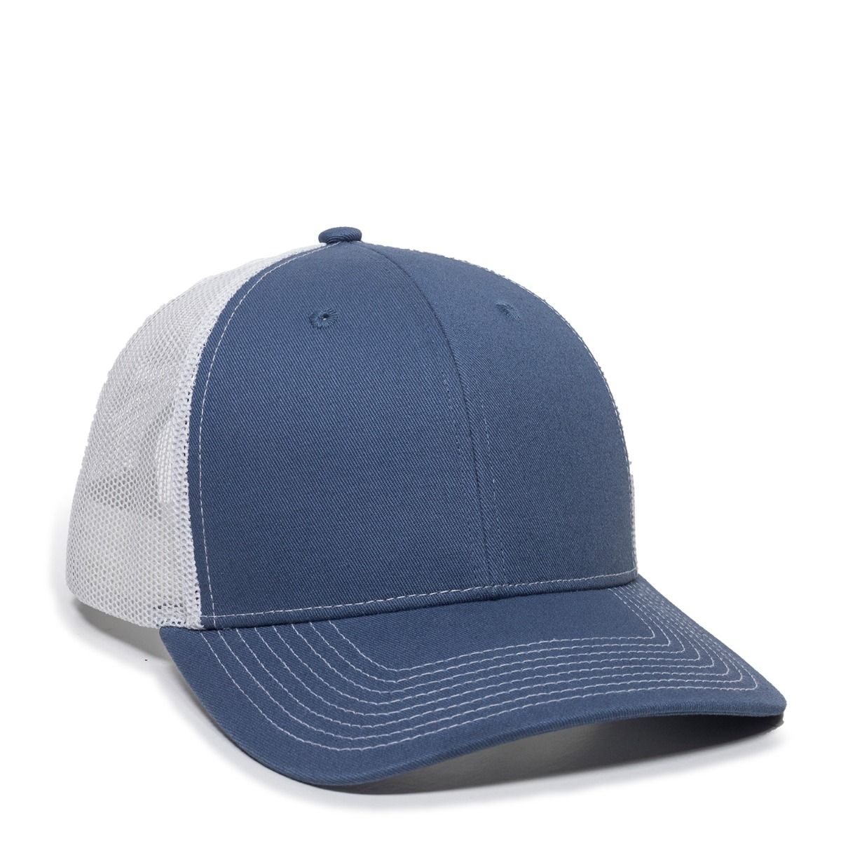 Blue and white trucker hat.