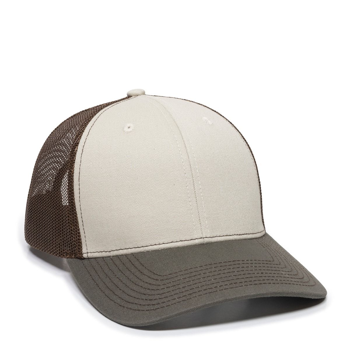 Two-tone trucker hat: tan front, brown bill and mesh backing.