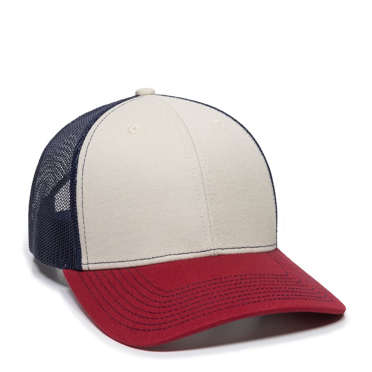 Red, cream, and navy trucker hat.
