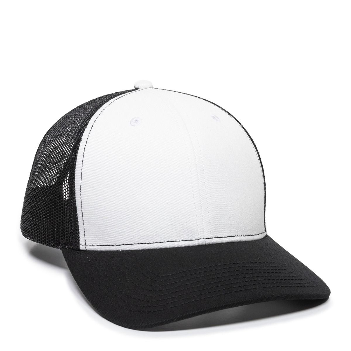 Black and white trucker hat. White front panel, black brim and mesh backing.