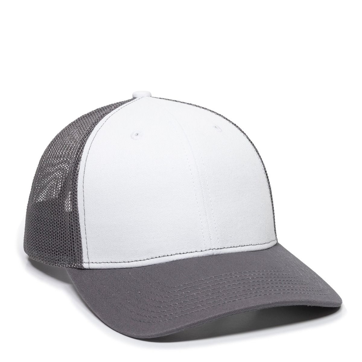 White and gray baseball cap with a mesh back.