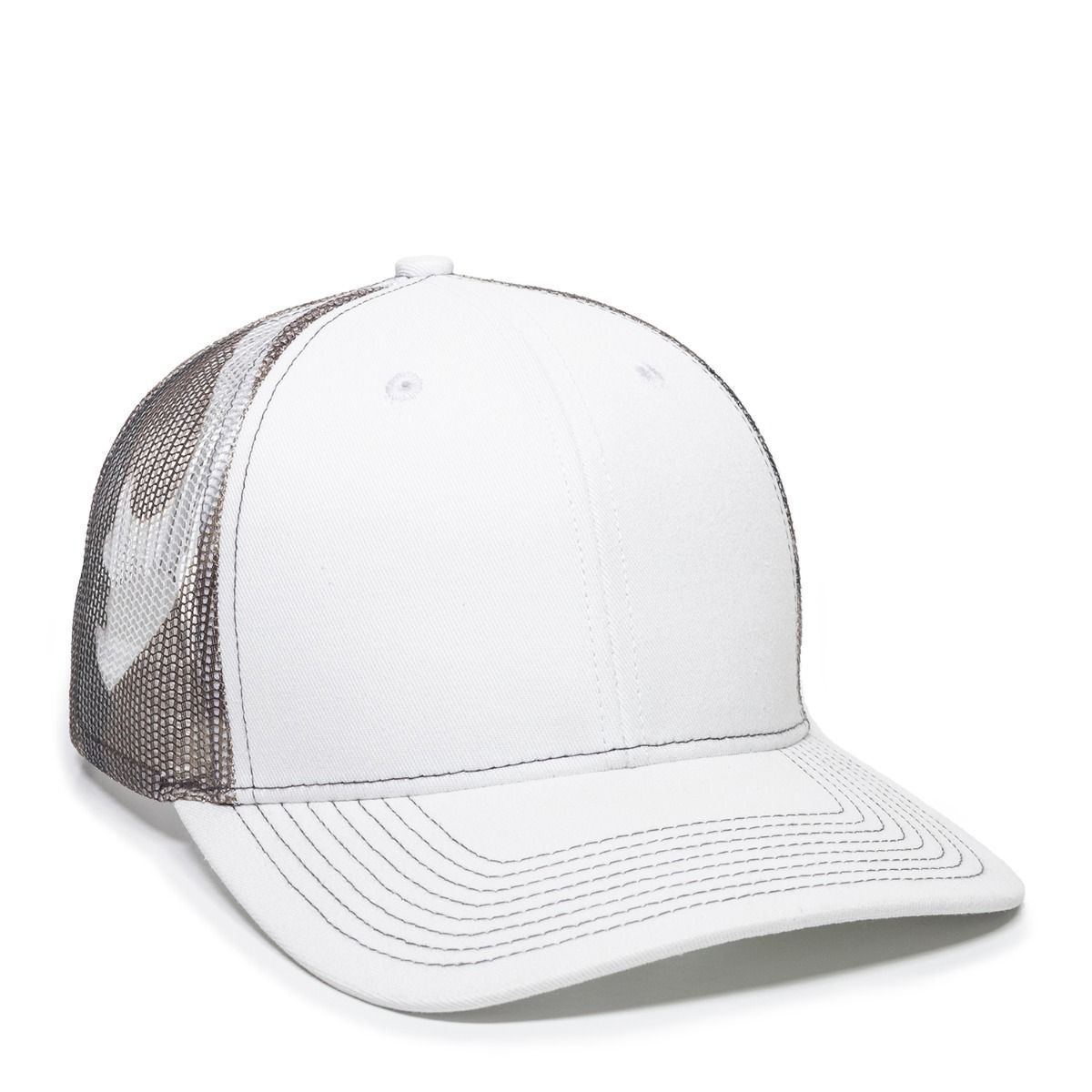 White baseball cap with mesh backing and a curved brim.