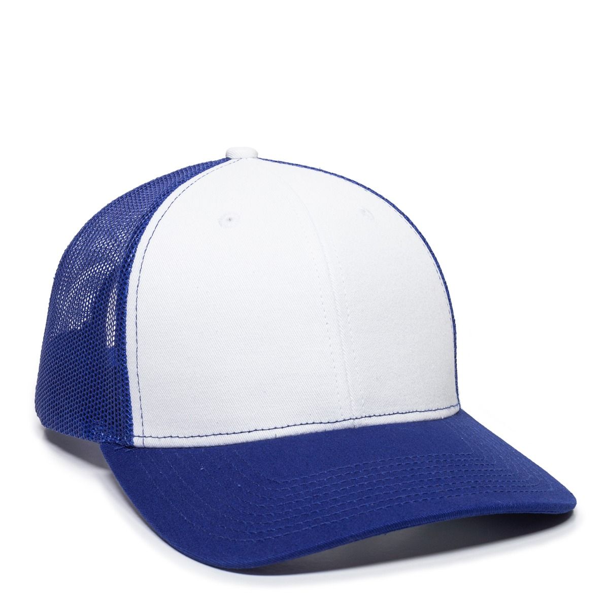 White and blue trucker hat with a mesh back.