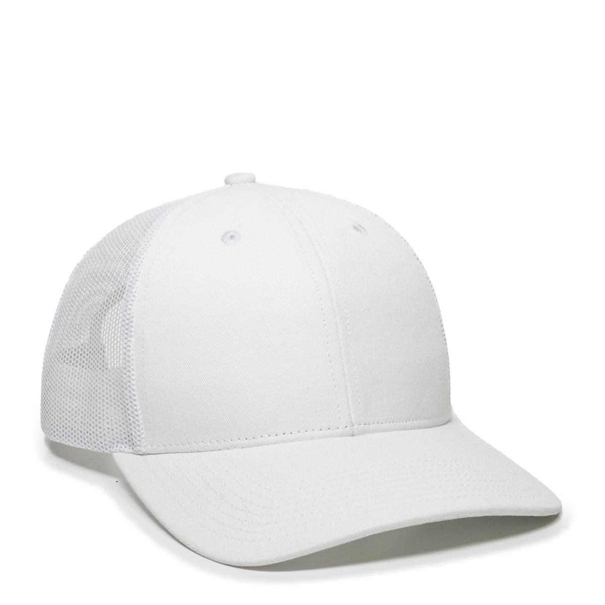 White baseball cap with mesh back and curved brim.