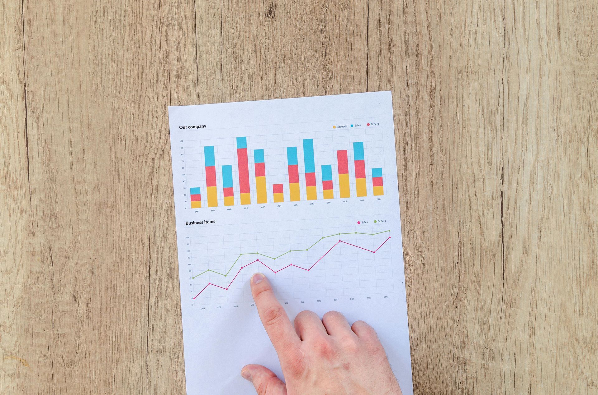 phil gustin is pointing at a graph on a piece of paper.