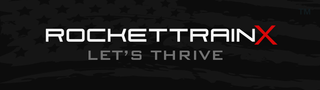 RocketTrainX logo with "Let's Thrive" tagline on a dark background with an American flag design.