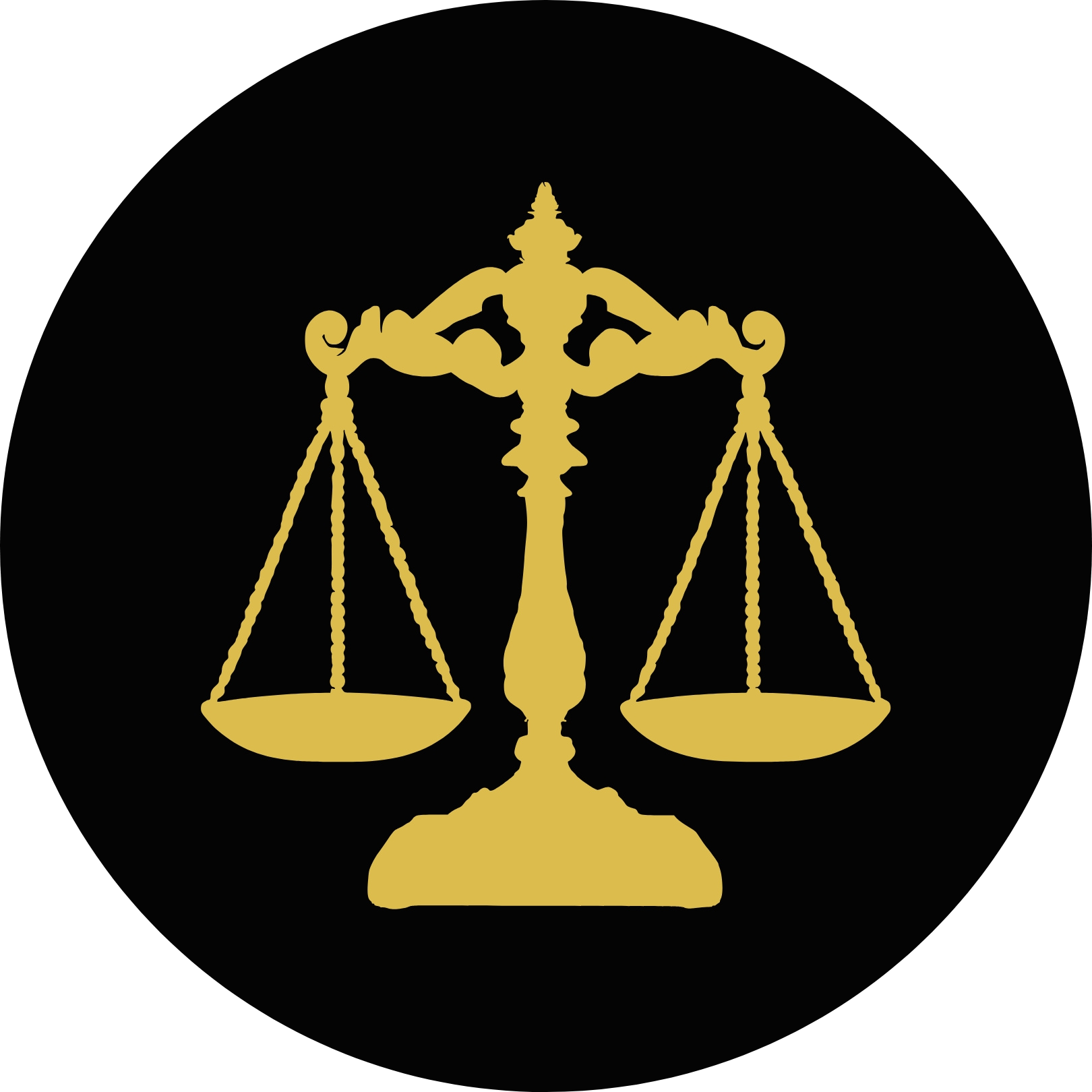 Gold scales of justice icon on a black circle background